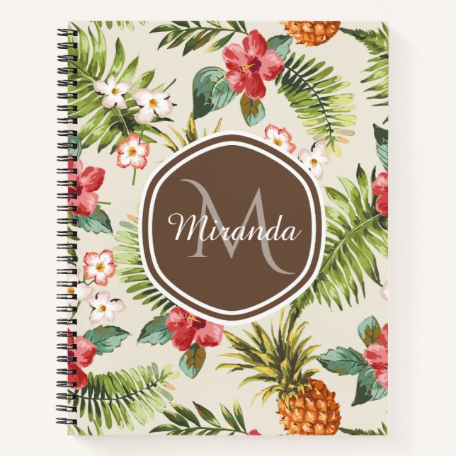 Cuaderno Monograma marrón floral de piña tropical exótica (Anverso)