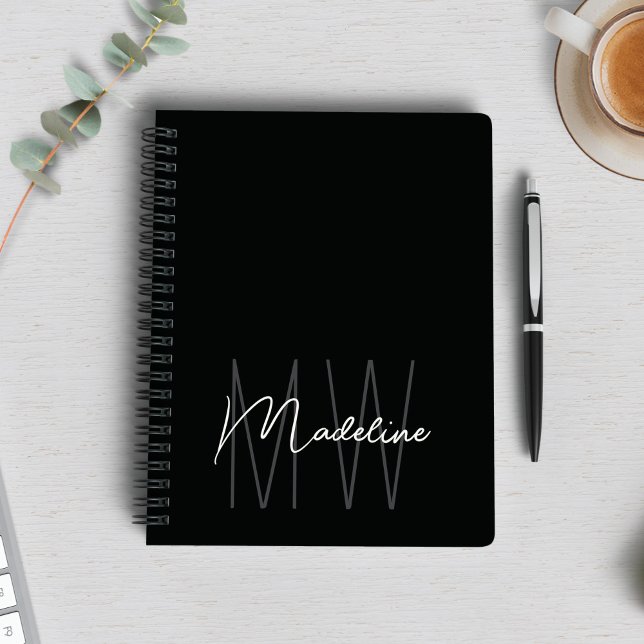 Cuaderno Monograma Minimalista moderno negro (Modern Minimalist Monogram Black Notebook by MINTIC DESIGN STUDIO)