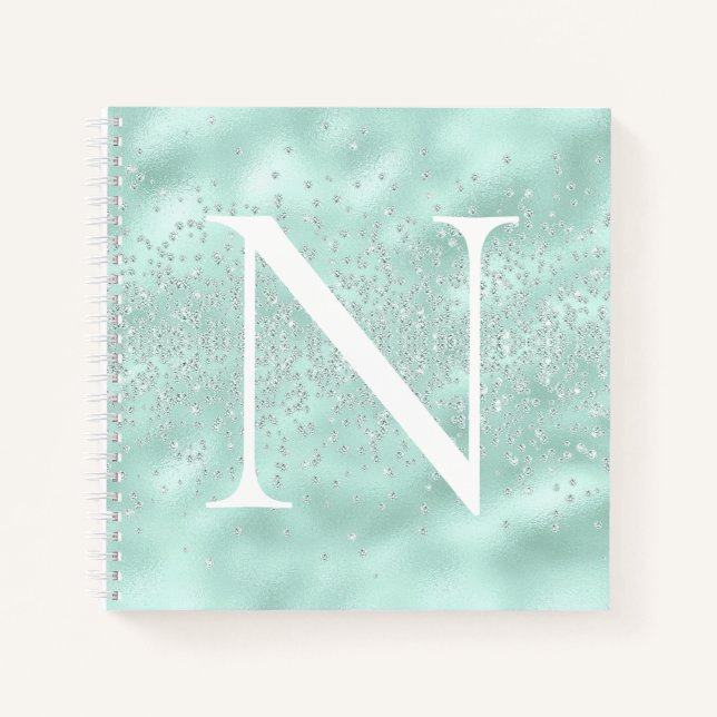 Cuaderno Monograma Mint inicial Green Sparkling Bling (Anverso)