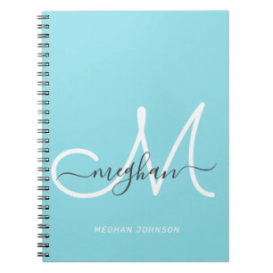 Cuaderno Monograma Moderno Chic en Guión Blanco Azul Claro