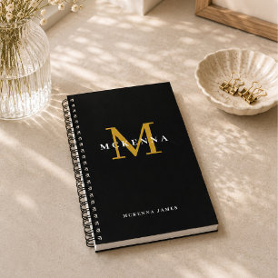 Cuaderno Monograma Moderno Chic Negro Oro Nombre Inicial