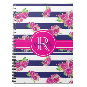 Cuaderno Monograma moderno con flor rosado a rayas