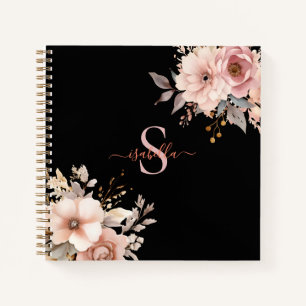Cuaderno Monograma moderno de color boho rosa acuarela flor