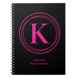 Cuaderno Monograma moderno de color rosa caliente Negro