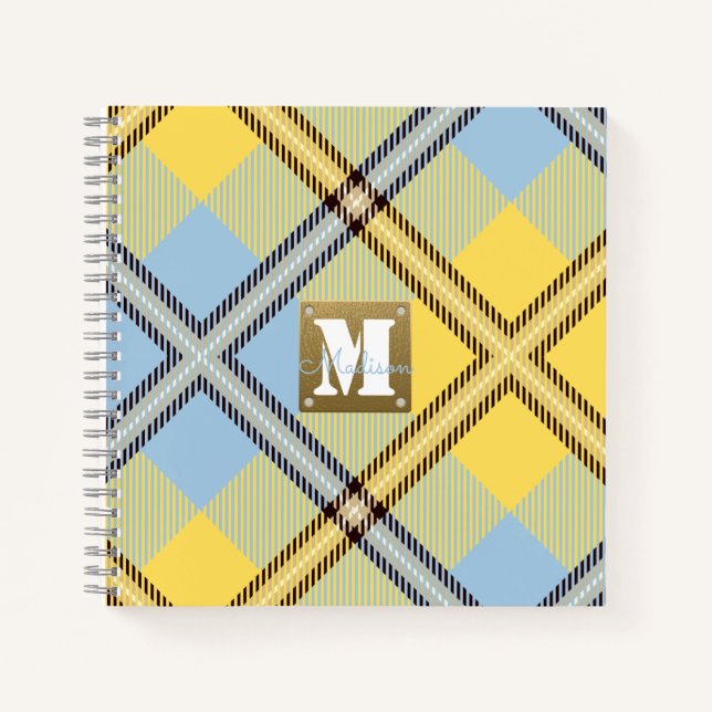 Cuaderno Monograma moderno de cuero de Tartán amarillo con 