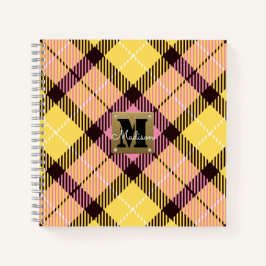Cuaderno Monograma moderno de cuero tartán amarillo rosado