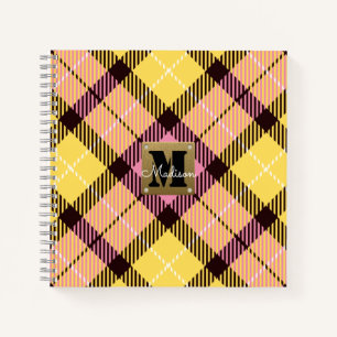 Cuaderno Monograma moderno de cuero tartán amarillo rosado