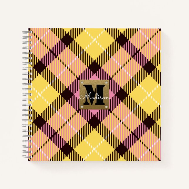Cuaderno Monograma moderno de cuero tartán amarillo rosado (Anverso)