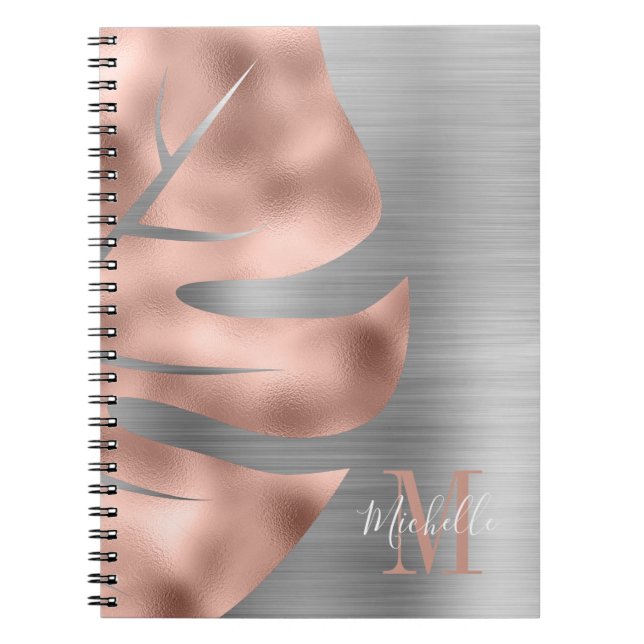Cuaderno Monograma moderno de gris Rosa dorado (Frente)