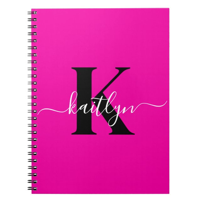 Cuaderno Monograma moderno de guión negro rosa caliente (Frente)