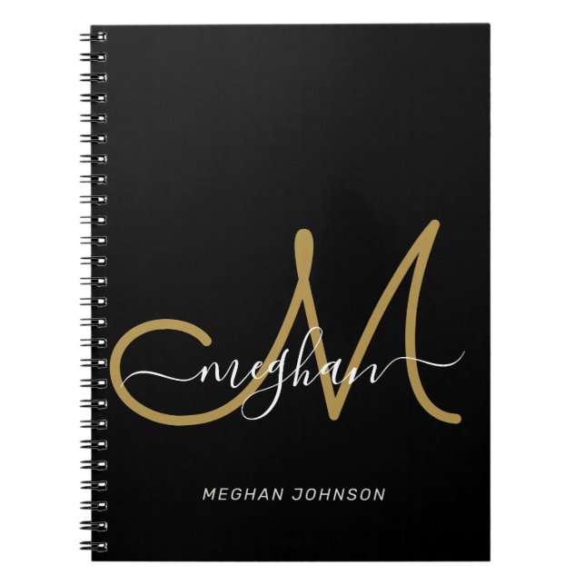 Cuaderno Monograma moderno de letra manuscrita de oro negro (Frente)