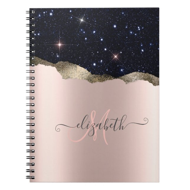 Cuaderno Monograma moderno de oro rosa con brillo negro (Frente)