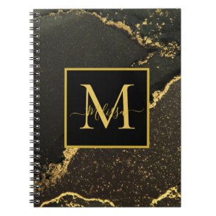 Cuaderno Monograma moderno de oro y mármol negro