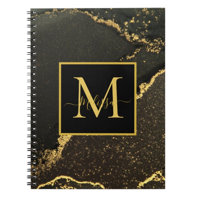 Cuaderno Monograma moderno de oro y mármol negro (Frente)
