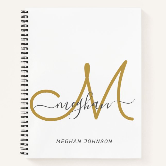 Cuaderno Monograma moderno elegante en oro blanco con letra (Anverso)