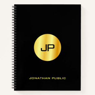 Cuaderno Monograma moderno elegante negro y dorado personal