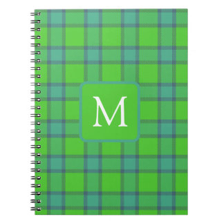 Cuaderno Monograma moderno elegante verde y azul a cuadros