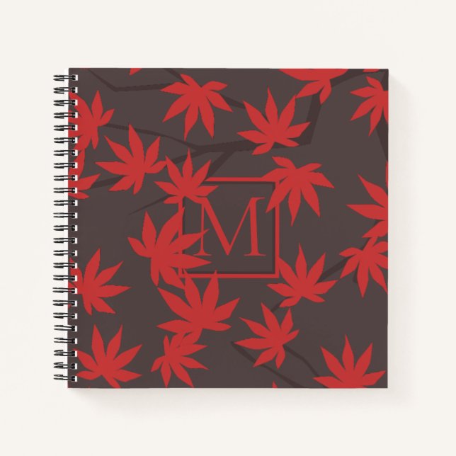 Cuaderno Monograma Moderno Hoja de Arce Roja Gris (Anverso)