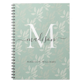 Cuaderno Monograma moderno hojas botánicas azul verdoso esc