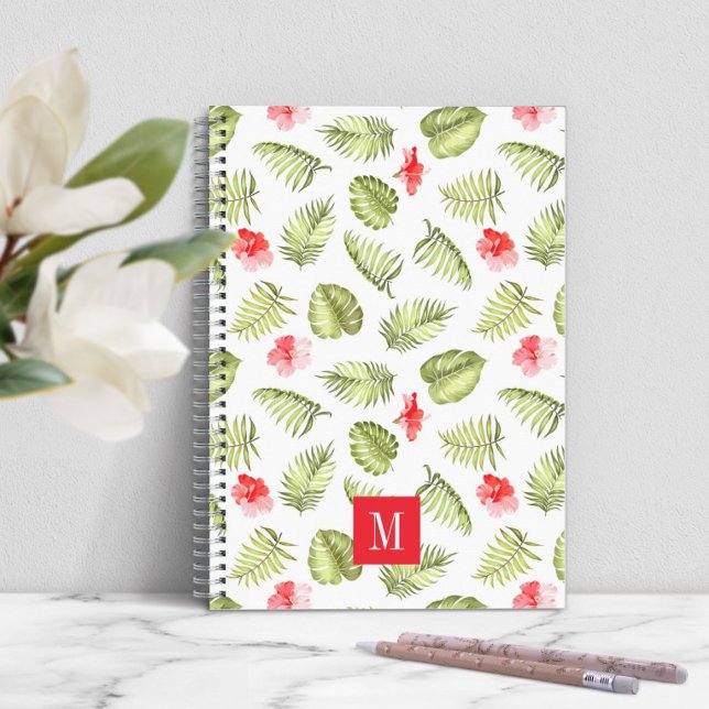 Cuaderno Monograma moderno hojas de palma verdes (Modern Monogram Green Palm Leaves Notebook)