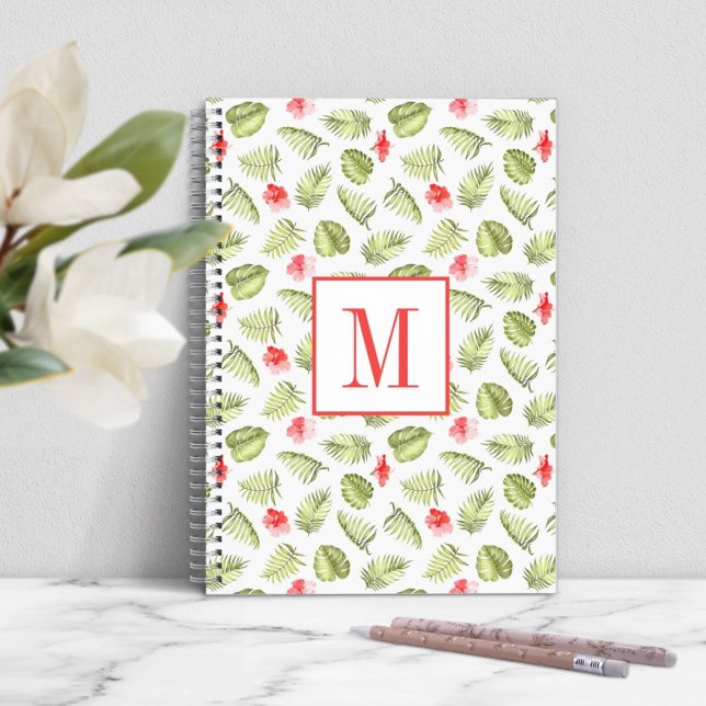 Cuaderno Monograma moderno hojas de palma verdes (Modern Monogram Green Palm Leaves Notebook)