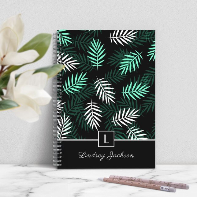 Cuaderno Monograma moderno hojas verdes botánicas i (Modern Monogram Botanical Green Leaves i Notebook)
