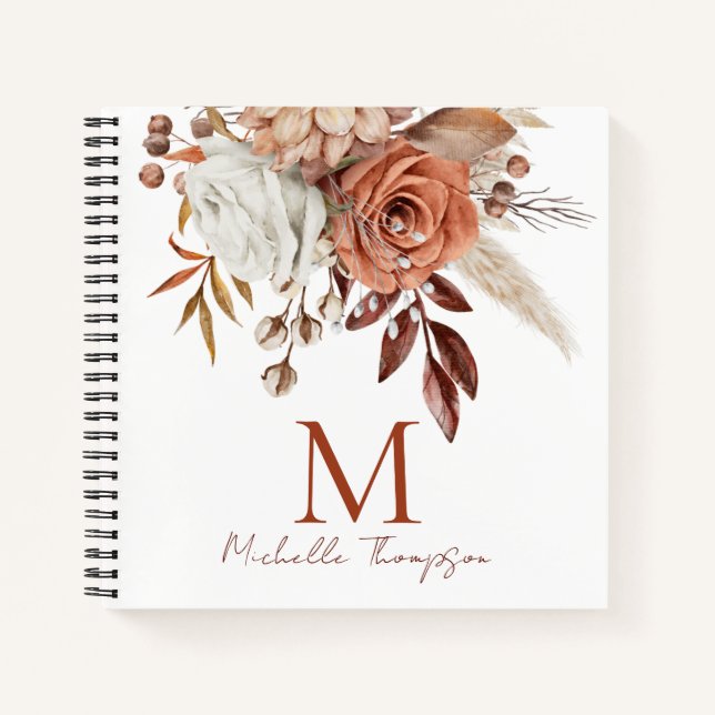 Cuaderno Monograma moderno Nombre inicial Terracotta Floral (Anverso)