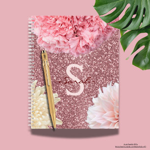Cuaderno Monograma moderno purpurina con floral rosa y blan