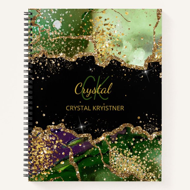 Cuaderno Monograma moderno Purpurina de agato morado verde (Anverso)