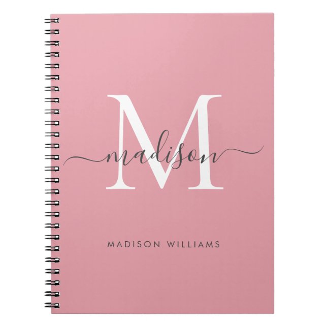 Cuaderno Monograma moderno Rubor Rosa Rubor Gray Script Nam (Frente)