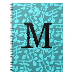 Cuaderno Monograma moderno sobre hojas de Aqua estilizadas