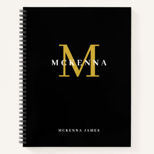Cuaderno Monograma moderno y elegante en negro y oro con in