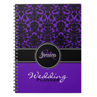 Cuaderno Monograma morado blanco negro Damask Planner