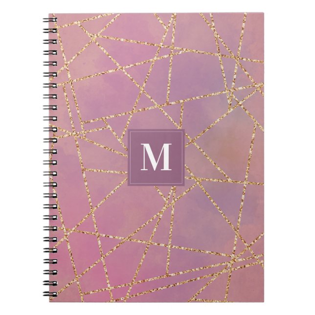 Cuaderno Monograma morado y Purpurina dorado geométrico (Frente)