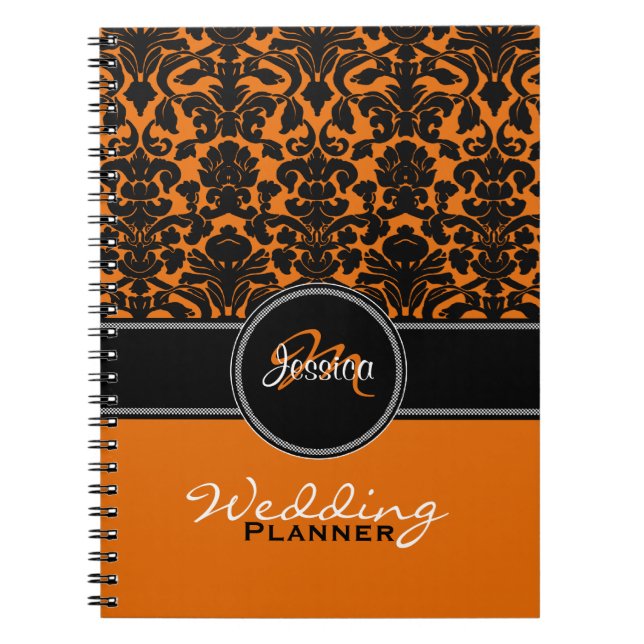 Cuaderno Monograma Naranja blanco negro Damask Wedner Plann (Frente)