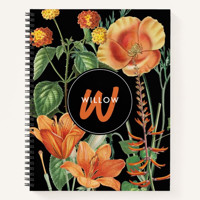 Cuaderno Monograma Naranja negro de flores silvestres de co (Anverso)
