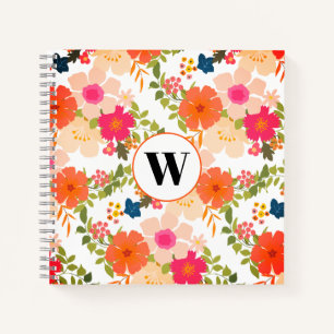 Cuaderno Monograma Naranja Portátil de patrón floral