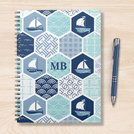 Cuaderno Monograma Nautical Moderno Boat Blue Personalizado