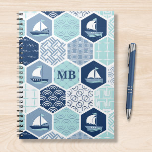 Cuaderno Monograma Nautical Moderno Boat Blue Personalizado
