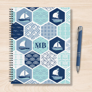 Cuaderno Monograma Nautical Moderno Boat Blue Personalizado