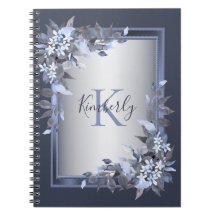 Monograma Navy Floral Azul Plata Gris Elegante