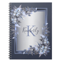 Cuaderno Monograma Navy Floral Azul Plata Gris Elegante