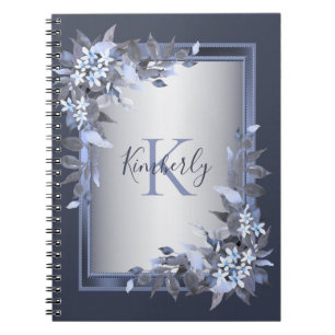 Cuaderno Monograma Navy Floral Azul Plata Gris Elegante