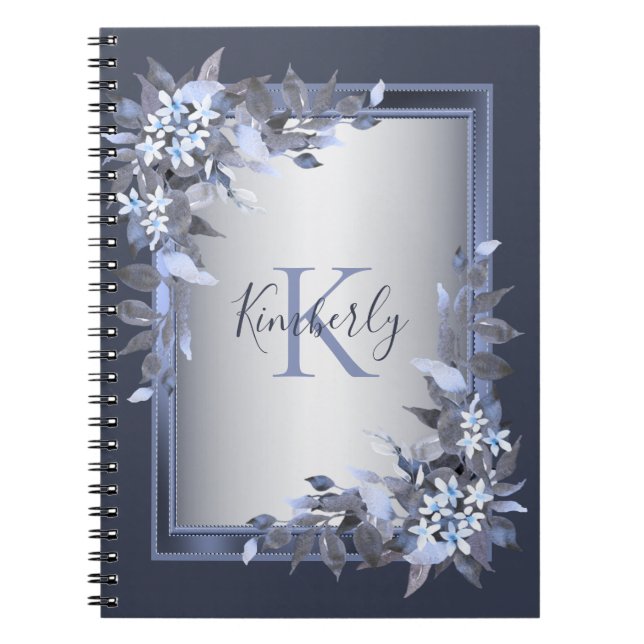 Cuaderno Monograma Navy Floral Azul Plata Gris Elegante (Frente)