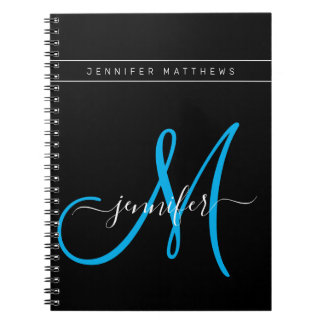 Cuaderno Monograma negro azul con guión elegante personaliz