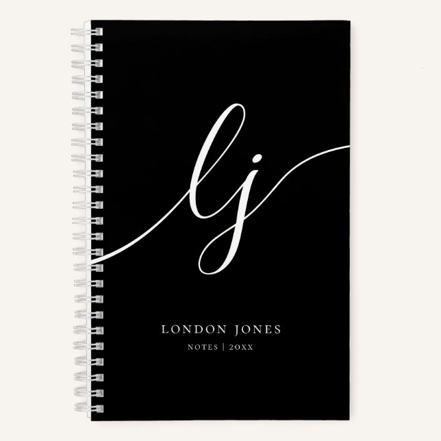 Cuaderno Monograma Negro Blanco Caligrafía Script 2 Inicial (Anverso)