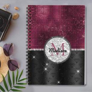 Cuaderno Monograma negro burlono Purpurina plateado burdeos