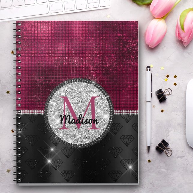 Cuaderno Monograma negro burlono Purpurina plateado burdeos (Subido por el creador)