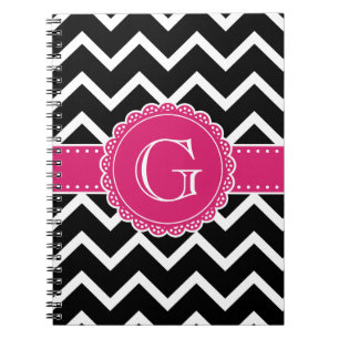 Cuaderno Monograma negro de flor rosa caliente