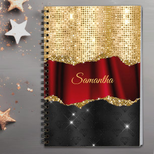 Cuaderno Monograma negro de oro rojo Purpurina falso elegan